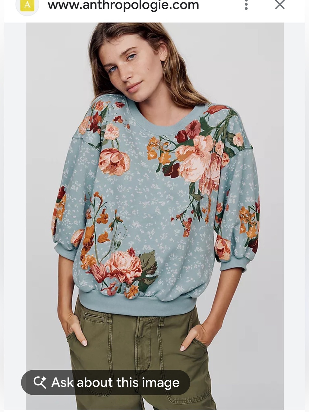 Pilcro Floral Bubble Sweatshirt in Dusty Blue with Pink & Orange Blooms